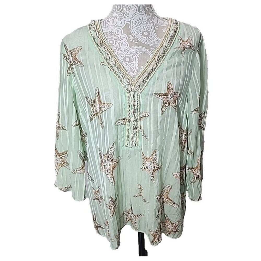 Soft Surroundings Stella Marina Tunic Top Green Beach Shell Women's Large - Picture 1 of 9
